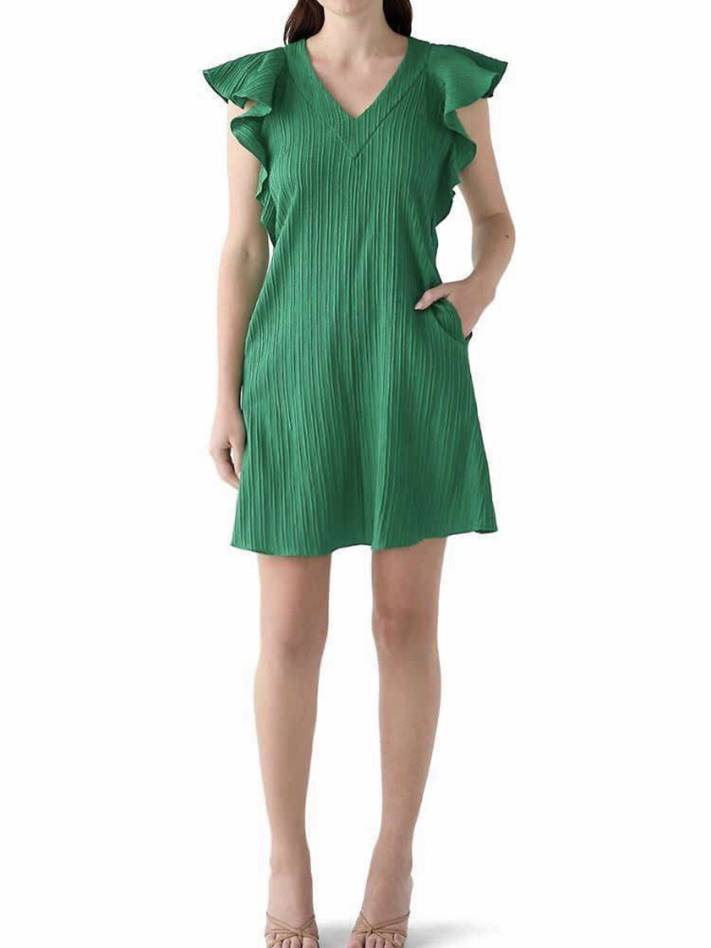 52seven Green V-Neck Flutter Sleeve Dress